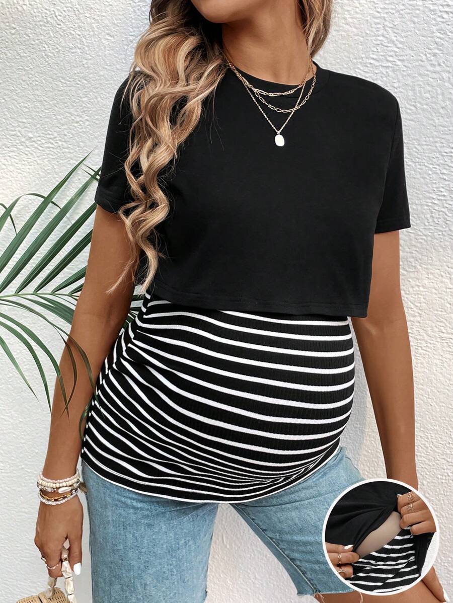SHEIN Maternity Striped Short Sleeve Breastfeeding Nursing T-Shirt With Color Block Design For Summer
