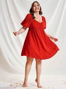Sunnyshic Plus Holiday V-Neck Bubble Sleeve A-Line Dress - Red - View 7