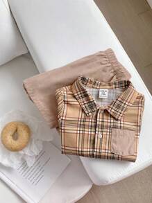 SHEIN Baby Boy 2PCs/Set Color Block Decorated Pocket, Turn-Down Collar, Open Front Short Sleeve Top & Casual Shorts