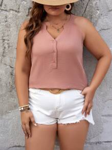 SHEIN LUNE Plus Size Summer Solid Color Notched Neck Front Button Tank Top - White - View 4