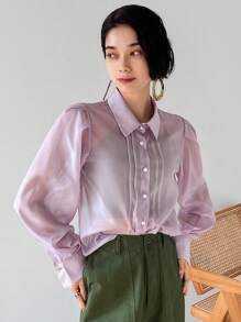 FRIFUL Women Fashionable Elegant Long Sleeve Sheer Turn-Down Collar Shirt - Purple - View 7