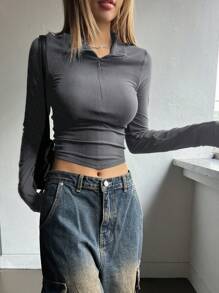 DAZY Áo thun tay dài dáng ôm vừa vặn, quần áo mùa thu - Xám - Xem 4