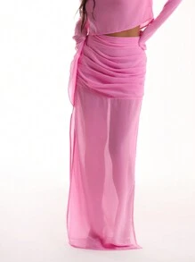 MUSERA Ruched Detail Split Chiffon Maxi Skirt Elegant Summer Vacation - Pink - View 3
