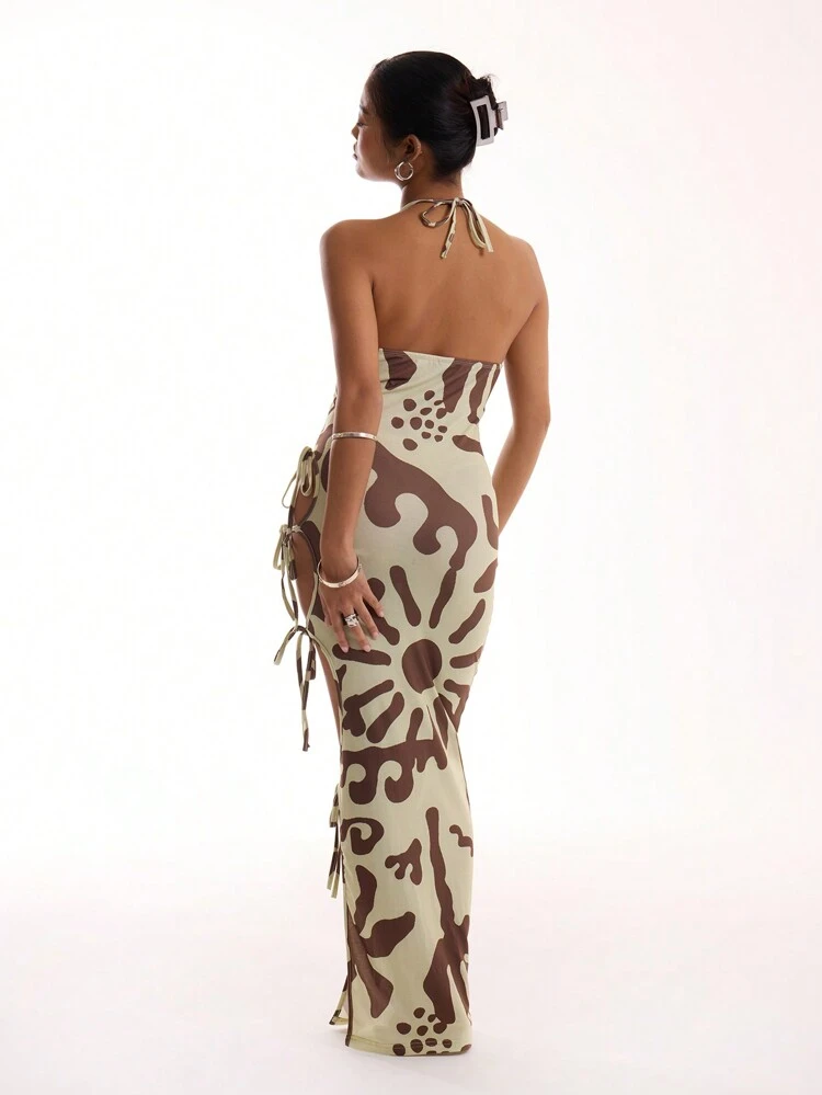 Maxi Tie Side Split Palm Print Dress Elegant Spring Summer Vacation Beach Long Dress