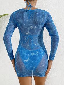 SHEIN Swim 女士度假大理石印花挂脖时尚简约比基尼套装带可分离比基尼套装搭配圆环连接罩衫连衣裙夏季海滩 - 藍色 - 查看 2