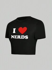 INAWLY Camiseta de manga corta con cuello redondo, diseño vintage de patrón de letras americanas, camiseta informal con gráfico "I Love NERDS" para mujer