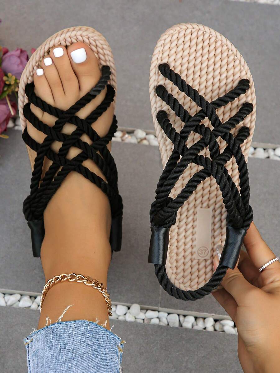 Women Flat Summer Sandals With Woven Rope Sole, Slip-On Buckle Strap, Wrap-Around And Toe-Out Design For Comfort - Black - View 1
