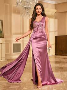 Sequin Patchwork Satin Floor Length One Shoulder Formal Dress - Pink - View 4