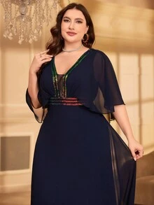 Deep V-Neck Sequin Batwing Sleeve Chiffon Formal Evening Gown - Navy Blue - View 6
