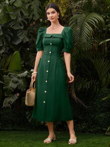 Mulvari 女性純色泡泡袖系帶長裙 - 墨綠色 - 查看 3