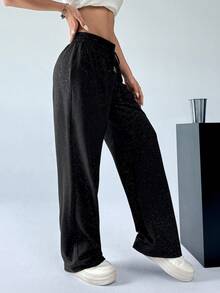 SHEIN EZwear Lễ hội âm nhạc Quần thể thao nữ trang nhã màu bạc - màu đen - Xem 4