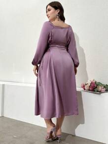 Modelyn Vestido largo de manga larga con diseño de botones y cinturón de moda para tallas grandes, vestido de noche largo para primavera y verano - Morado - Ver 6