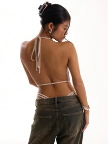 MUSERA 性感女士纯色高领露背连体衣，性感夜店春夏度假优雅 - 棕色 - 查看 2