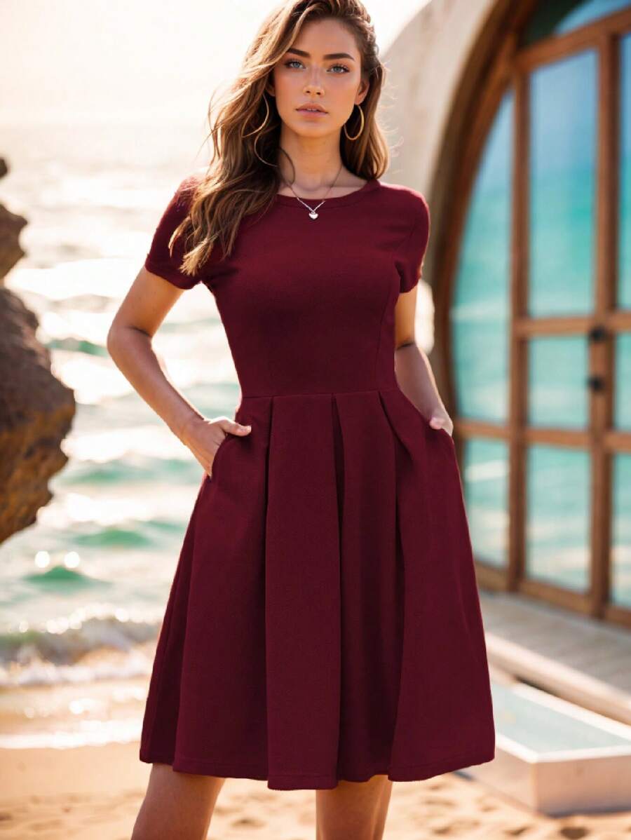 Đầm xòe kiểu vintage màu trơn dành cho nữ, thích hợp cho tiệc cocktail, phong cách thường ngày mùa hè và thanh lịch. - Màu Đỏ Sâu - Xem 1