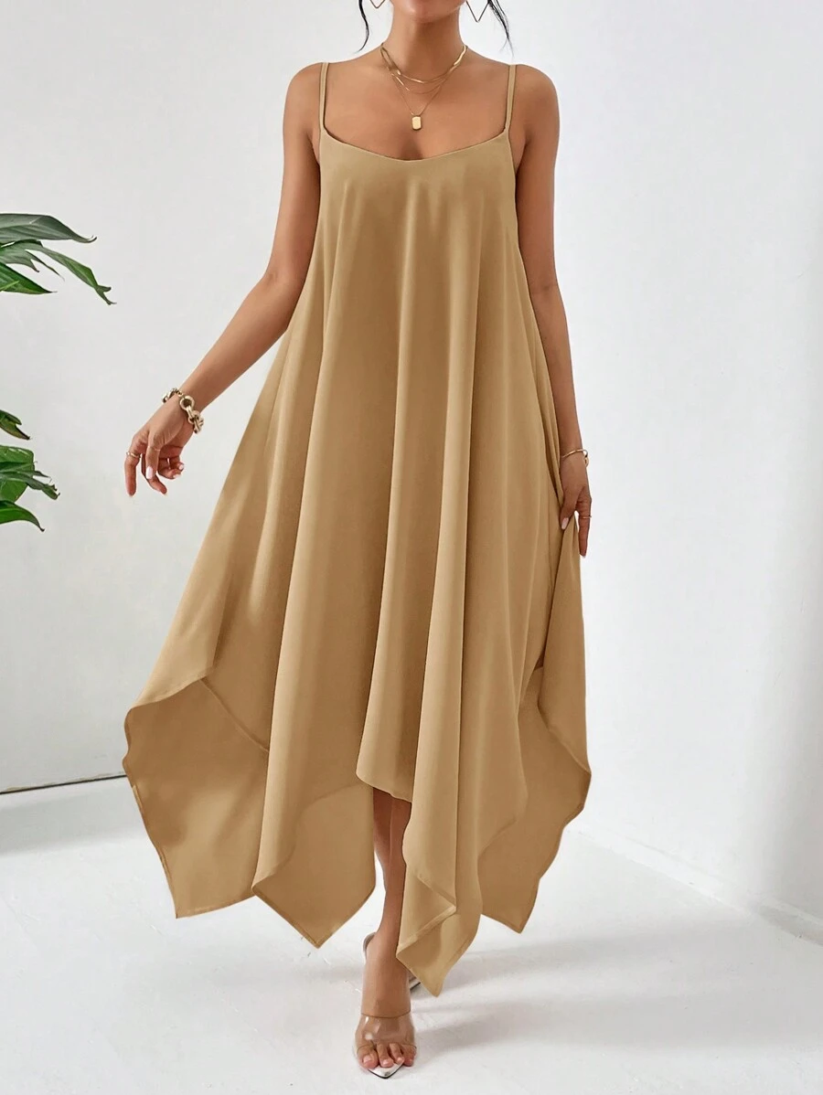 SHEIN Essnce Vestido cami casual con dobladillo pañuelo y unicolor para el verano - Caqui - Ver 1