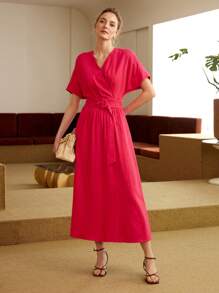 MOTF PREMIUM SOLID SURPLICE NECK BATWING SLEEVE BUCKLE BELTED DRESS