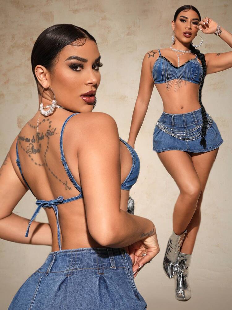 Summer Fashion Street Music Festival Fringe Trim Ultra Crop Denim Camisole Top