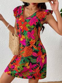 SHEIN VCAY Vestido decorado para mujer con estampado de flores tropicales - Multicolor - Ver 3