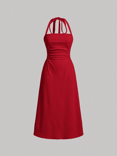 SHEIN MOD Vestido largo de unicolor rojo con cuello halter y pliegues para mujer