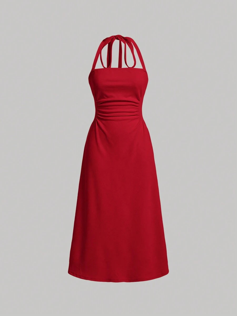 SHEIN MOD Vestido largo de unicolor rojo con cuello halter y pliegues para mujer - Rojo - Ver 1
