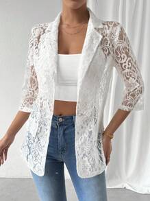 Chiquease Blazer de Encaje Primavera/Verano para Mujer con Cuello de Solapa, Transparente y con Mangas 3/4 - Beis - Ver 1