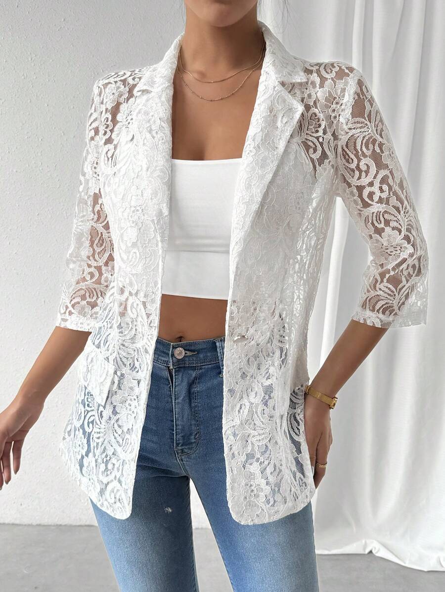 Chiquease Blazer de Encaje Primavera/Verano para Mujer con Cuello de Solapa, Transparente y con Mangas 3/4 - Beis - Ver 1