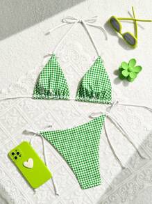 SHEIN Swim 女士夏季海灘隨機格子印花時尚比基尼泳衣套裝 - 綠色 - 查看 2