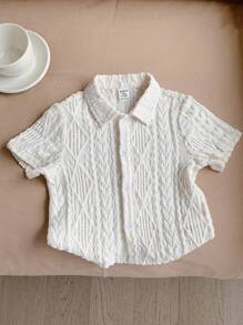 SHEIN LMoss Kids LMoss Baby Boy Baby Girl Casual Solid Color Hollow Out Soft Knit Round Neck Short Sleeve Top