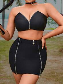 Zolique Women Sexy Split Zipper Strapless Crop Top And Slim Mini Skirt Set For Summer - Black - View 4
