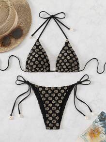 SHEIN Swim Summer Holiday Floral Bikini Set - Black - View 1
