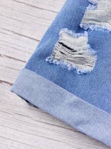 SHEIN 青少年女孩破洞紙袋腰卷邊牛仔短褲 - 淺色水洗藍 - 查看 3