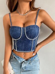 SHEIN Essnce Top corto ajustado para mujer con bustier y decoración de diamantes de imitación en color azul claro para verano, ocasiones casuales y de fiesta estilo vaquero