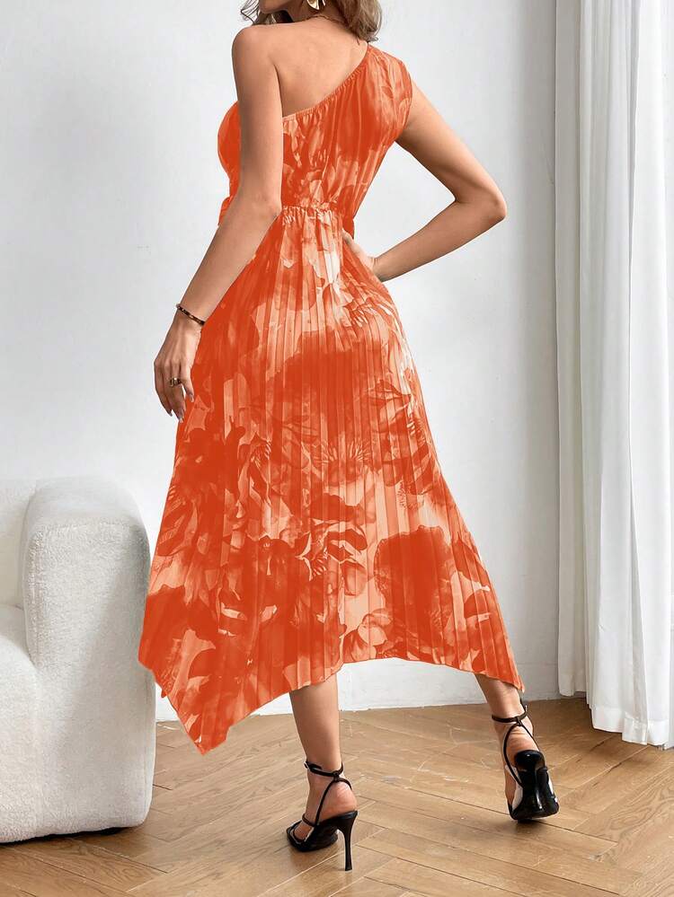 Women Floral Printed Asymmetrical One Shoulder Summer Vacation Dress With Gathered Waist And Asymmetrical Hem