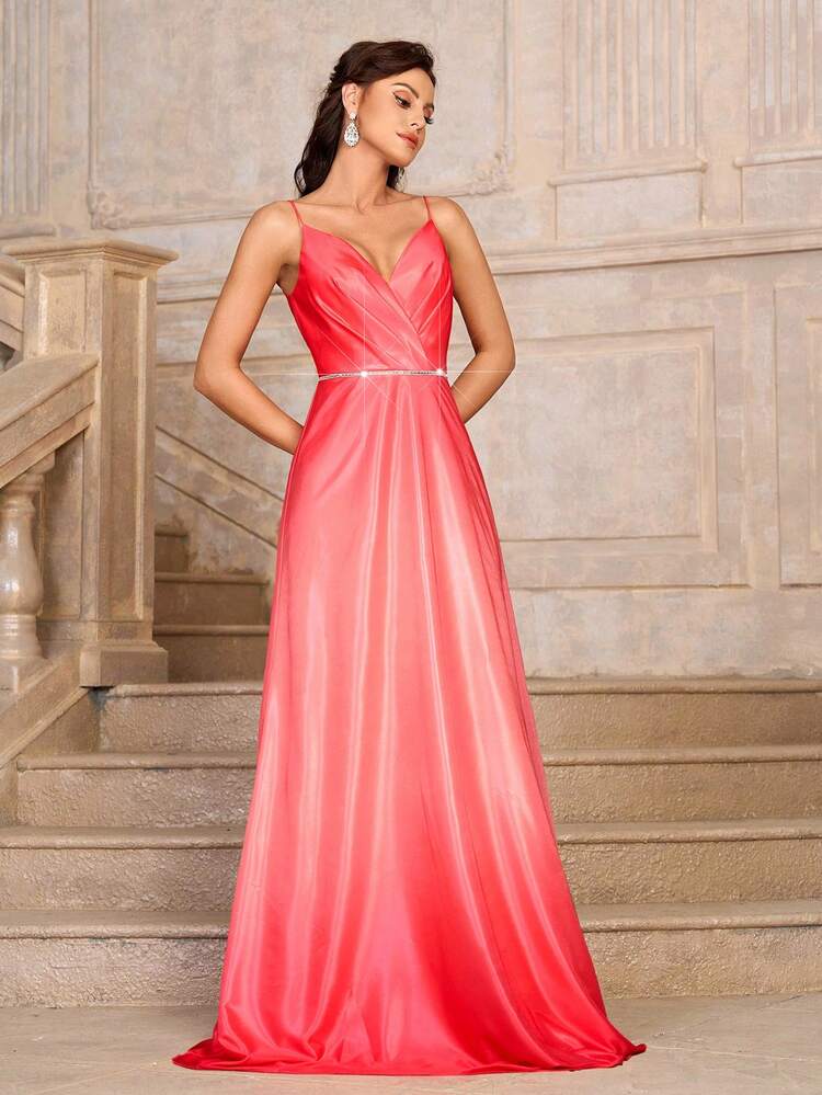 Halter V-Neck Three-Dimensional Pleats Decorated Waist Rhinestone Splicing Back Deep V Sexy A Swing Gradient Red Special Fabric Valentine's Day Heavy Industry Dress
