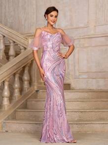 SHEIN Belle Damen wunderschönes, elegantes und würdevolles, lotusrosa glänzendes, luxuriöses Wendersequin-Gewebe Spaghettiträger-Trägerloses Kleid mit tiefem V-Ausschnitt und Fishtail Saum. Eltern-Kind-Kleider geeignet für elterliche Aktivitäten, Hochzeitssaison, Muttertag, Musikfestival, Abschlussfeier Abendball-Party, formale Code Frauen Abend- und Abschlussballkleider. - Altrosa - Übersicht 1