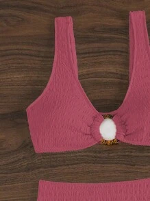 SHEIN Swim 女性夏季海灘純色環扣細節簡約時尚比基尼套裝，適用於假期度假 - 藕粉色 - 查看 3