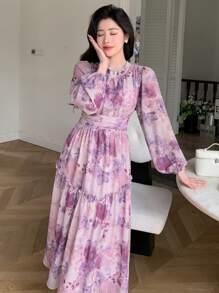 DAZY Women Random Print Elegant Cinching Waist Dress,Ruffle,Fall Dress Long Sleeve Dress - Purple - View 4