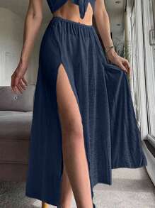 SHEIN Swim 夏季海滩细肩带纯色超短款上衣 + 大腿开衩裙两件套罩衫套装 - 藏蓝色 - 查看 4