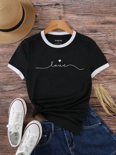 INAWLY Camiseta de manga corta con estampado de amor de unicolor y borde contrastado, tallas para mujeres