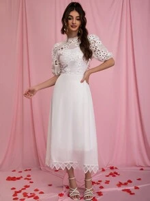 Eilly Bazar Summer Elegant Solid Color Hollow Out Embroidered Puff Sleeve Dress - White - View 4