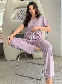 Floral Print Short Sleeve And Long Pants Pajama Set For Spring And Summer - Purple - View 4