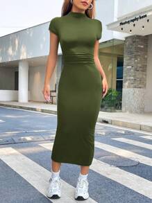 SHEIN EZwear 素色小高領緊身洋裝 - 軍綠色 - 查看 6