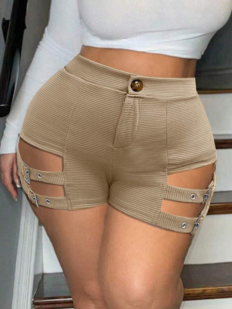 Plus Size Women's Double-Sided Jacquard Tape Hollow Out Slim-Fit Shorts