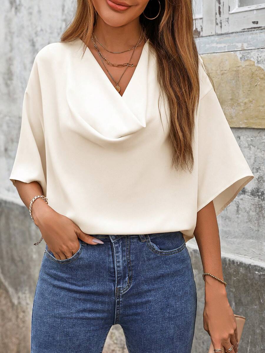 SHEIN LUNE Women Blouses Diikat Membungkus Plain Casual - Aprikot - View 1