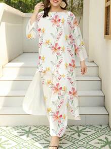 2 件大码花卉印花套头衫和休闲裤套装，适合春夏季度假 - 淺粉色 - 查看 1