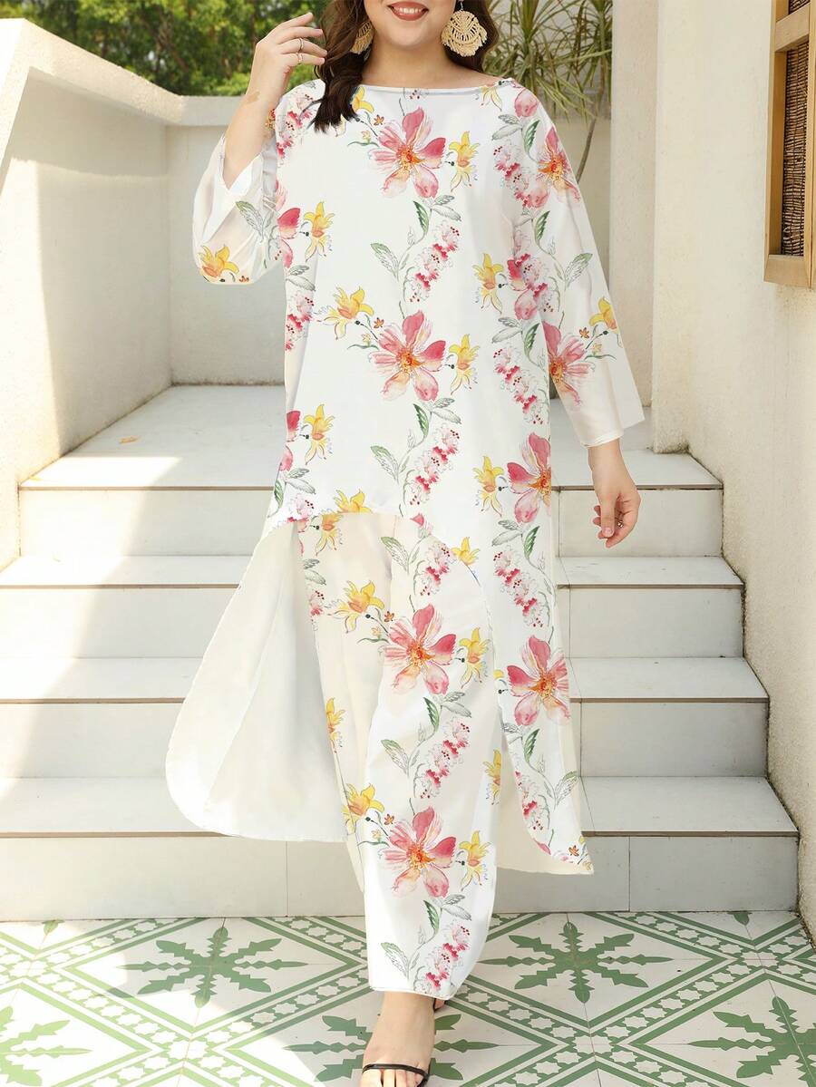 2 件大码花卉印花套头衫和休闲裤套装，适合春夏季度假 - 淺粉色 - 查看 1