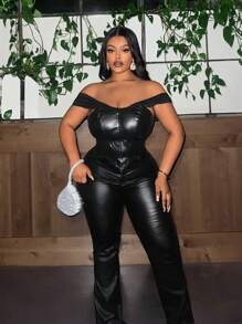 Maweii Plus Size Men's Solid Color Tight-Fitting Sexy PU Top - Black - View 3