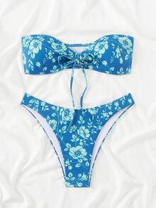 Swim Mod 女性夏季海灘花卉印花無肩帶比基尼套裝，適用於度假，隨機印花 - 彩色 - 查看 4