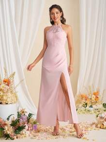 SHEIN Belle 女性優雅時尚露肩分裙伴娘禮服裙 - 藕粉色 - 查看 3