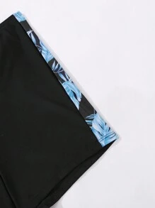 SHEIN Leap Crew Tween Girl Random Printed Splice Design Contrast Splice Insert Sleeve Tight Swimwear 2 Pieces Set, Suitable For Summer/Beach - Black - View 5